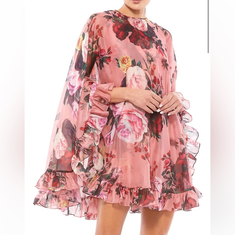 Ieena for Mac Duggal size 6 pink floral print cape mini dress